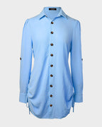 Long Sleeve Button Down Drawstring Shirt Dress