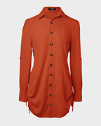 Long Sleeve Button Down Drawstring Shirt Dress