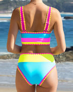 Color Contrast Patchwork Nylon Sporty 3 Piece Bikini Sets