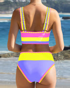 Color Contrast Patchwork Nylon Sporty 3 Piece Bikini Sets