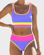Color Contrast Patchwork Nylon Sporty 3 Piece Bikini Sets