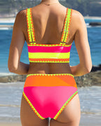 Color Contrast Patchwork Nylon Sporty 3 Piece Bikini Sets