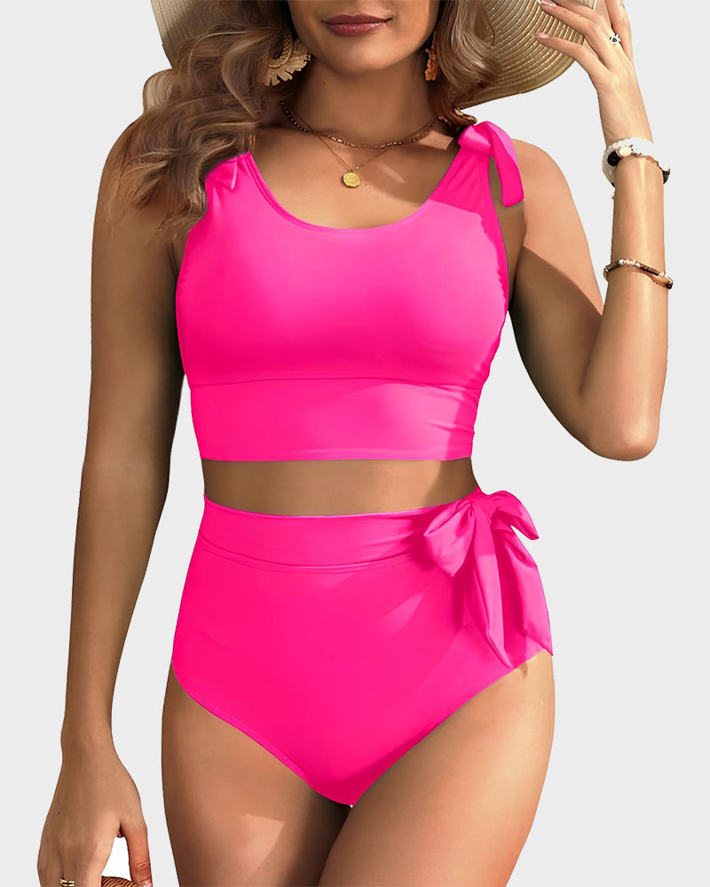 Double Tie Shoulder High Waist Tummy Control Bikini Set