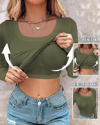 Long Sleeve Ribbed Fitted Top with Built-In Bra