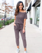 Off-Shoulder Short Sleeve Beam Foot Jumpsuit
