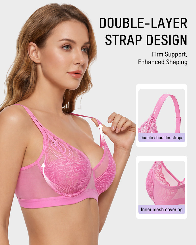 Plus Size Lace Mesh Full-Coverage Underwire Bra Secondary image