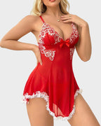 Sexy V Neck Sheer Lace Nightgown with G-String